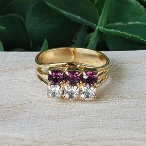 Unsigned Yellow Gold Tone Purple & White Rhinestones Adjustable Ring - Size 7